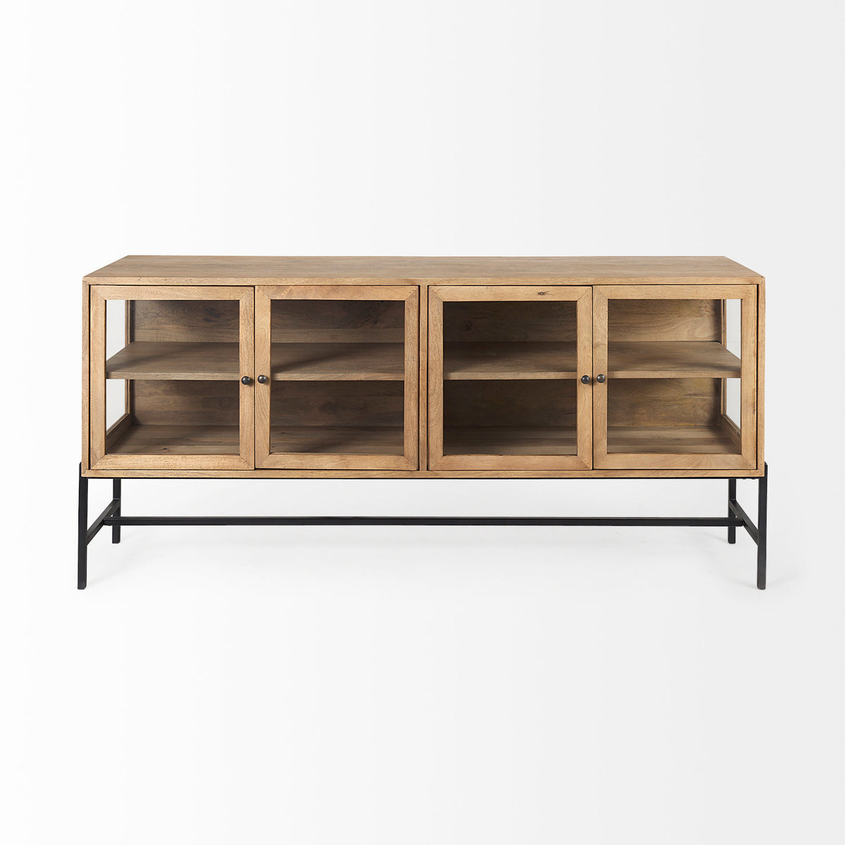 Mercana Arelius Light Brown Wood Black Metal Base with 4 Glass Cabinet Doors Sideboard