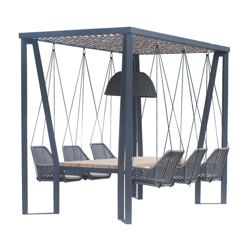 Skyline Design Horizon Pergola with Lamp, Hanging Chairs & Teak Table