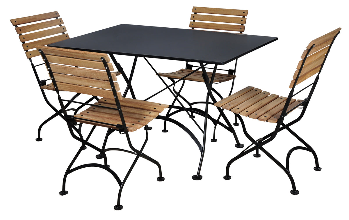 Furniture Designhouse Five Piece Dining Set with 32 x 48" Steel Top Table and Four Natural African Teak Slat Side Chairs