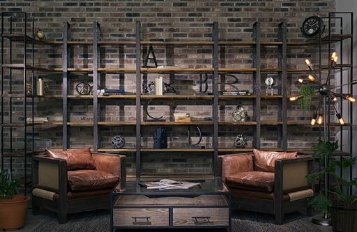 Mercana Taunton I 80L x 10.5W x 90H Brown Wood and Black Iron Six Shelving Unit