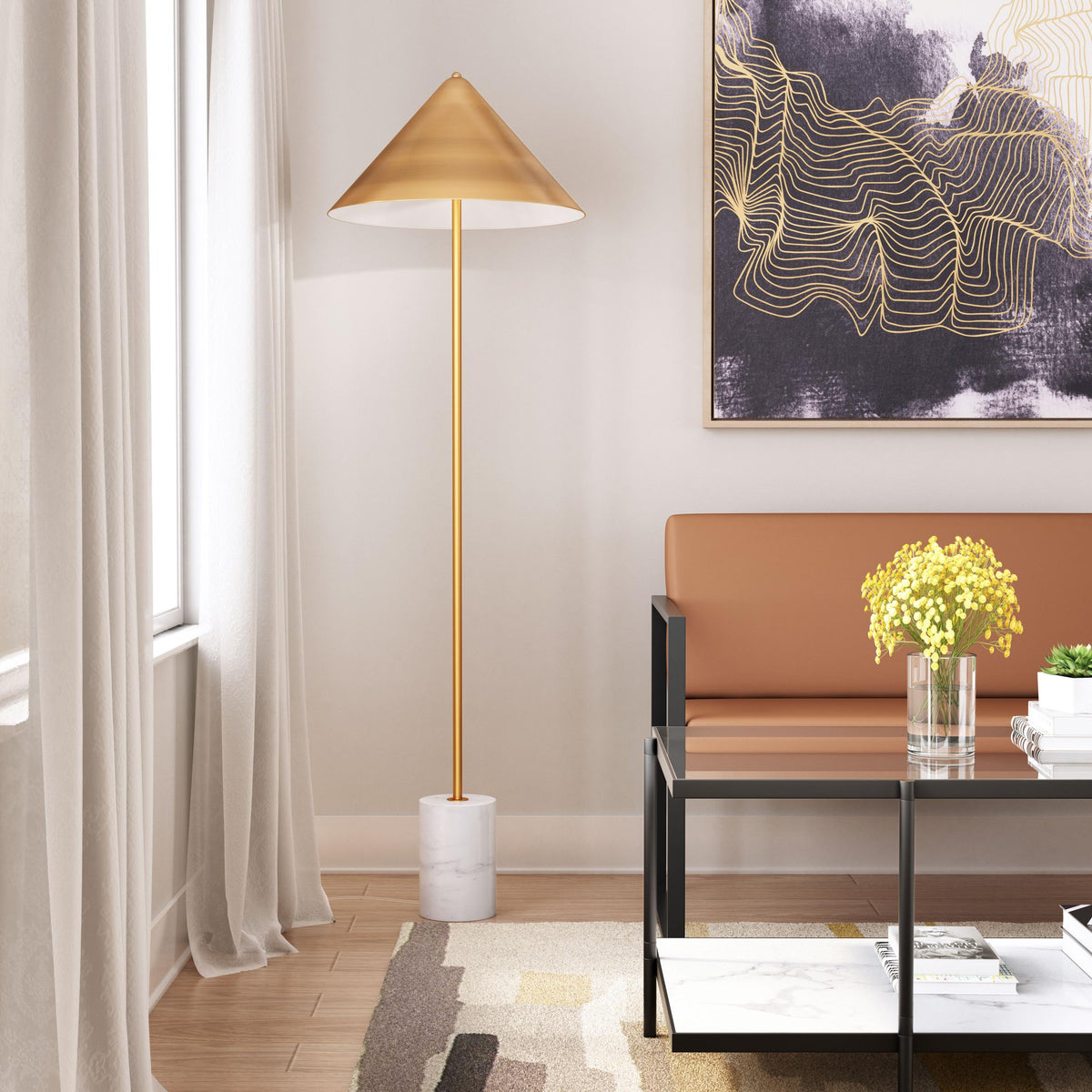 Zuo Modern Bianca Floor Lamp Brass And White, Floor Lamps, Brass,