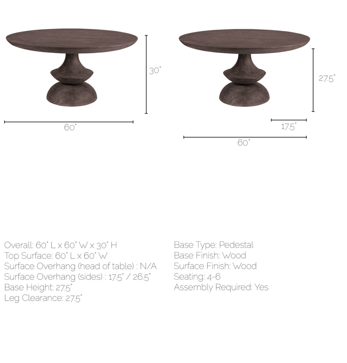 Mercana Crossman 60" Round Dark Brown/Gray Solid Wood Table Top and Base Dining Table