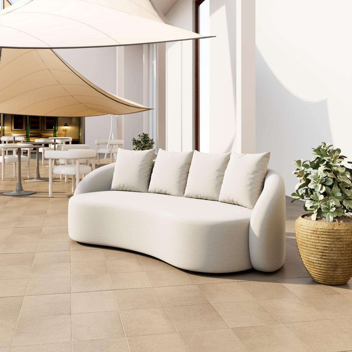 Zuo Modern Sunny Isles Sofa in Beige, Sofabed, Aluminum, Fabric, Curved, Frame, Indoor