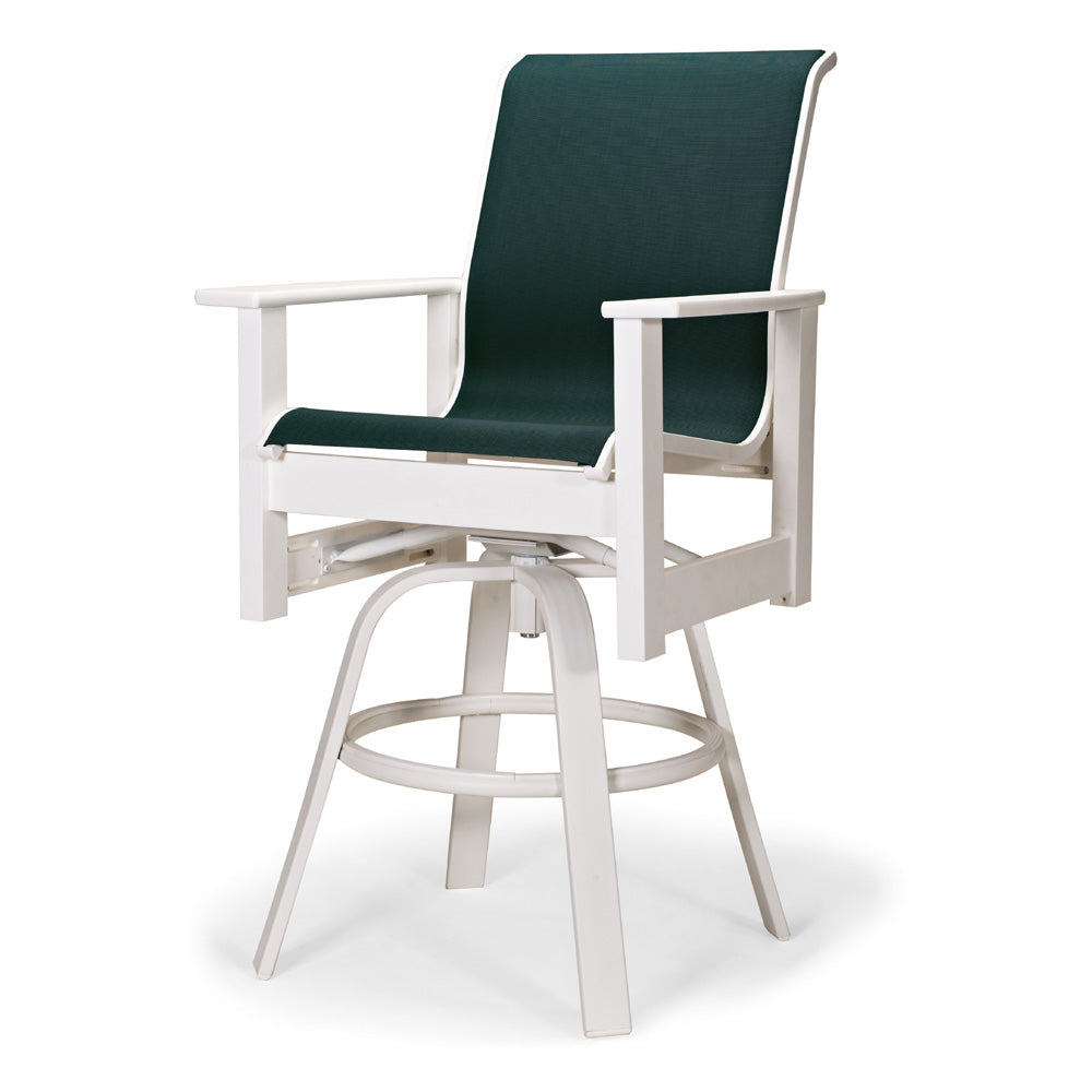 Telescope Casual Leeward Marine Grade Polymer Sling Bar Height Swivel Arm Chair, Textured Snow, Boardwalk Rustic Polymer Arms, Red, Arm Chairs, Sling, Leeward, Polymer, Pedestal, Outdoor
