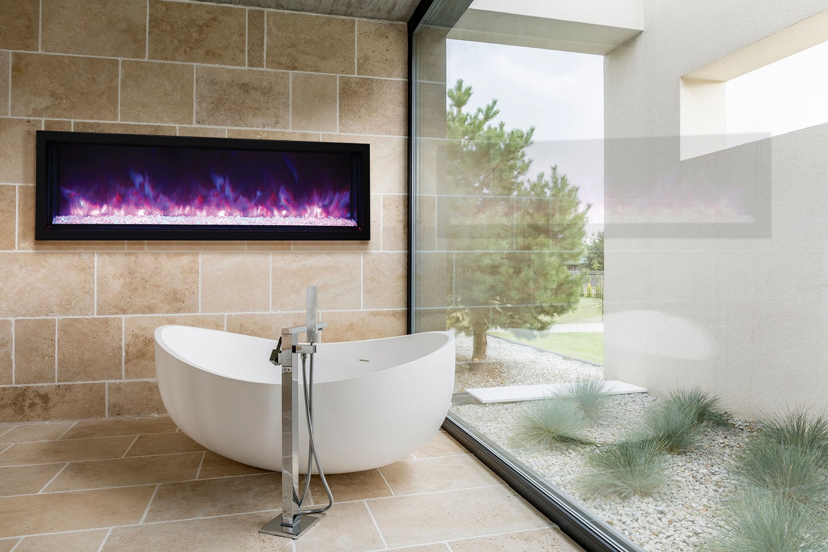 Amantii Panorama Xtraslim Full View Smart Electric - 60" Indoor /Outdoor WiFi Enabled Fireplace, featuring a MultiFunction Remote, Multi Speed Flame Motor, Glass Media & a Black Trim