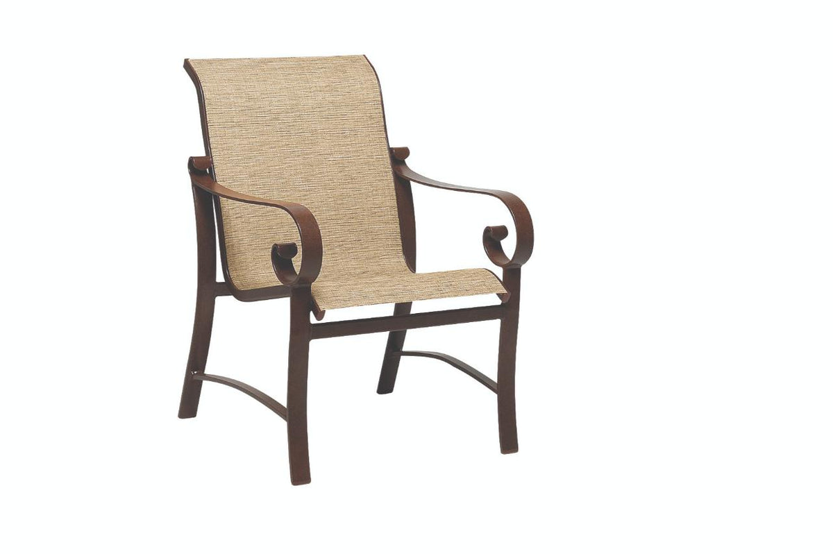 Woodard Belden Sling Dining Arm Chair, Aged Teak, Augustine Alloy (Grade A), Grade A Fabric, Garden Chairs, Dining Chairs, Sling, Belden, Aluminum, Wood, Square, 4 Legs, Outdoor