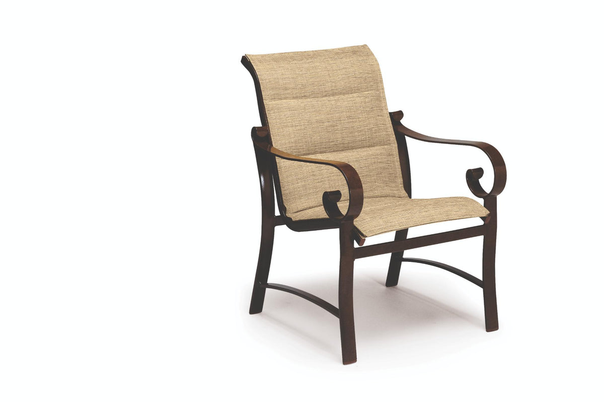 Woodard Belden Padded Sling Dining Arm Chair, Aged Teak, Augustine Alloy (Grade A), Grade A Fabric, Garden Chairs, Dining Chairs, Sling, Belden, Aluminum, Wood, Square, 4 Legs, Outdoor
