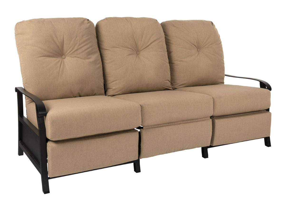 Woodard Cortland Cushion Recliner Sofa, Aged Teak, Beach Bum Creamsicle (Grade A), Grade A Fabric, Sofas, Fabric, Iron, Curved, Frame, Outdoor