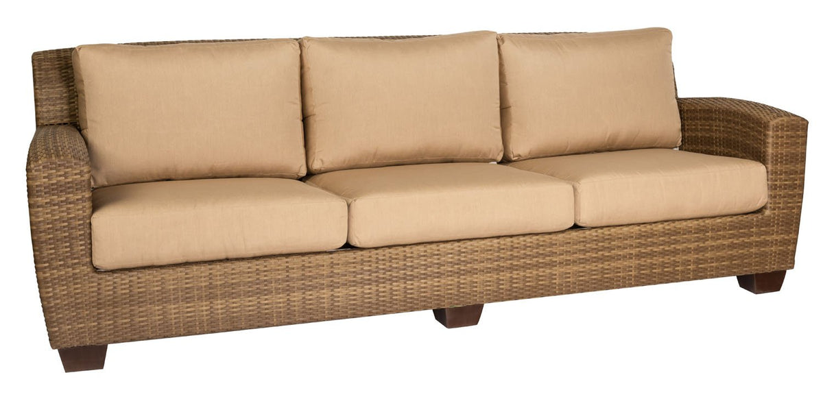 Woodard Saddleback Sofa, Mocha, Beach Bum Creamsicle (Grade A), Grade A Fabric, Garden Chairs, Sofa, Saddleback, Wicker, Sofas and Loveseats, Rectangular, Outdoor
