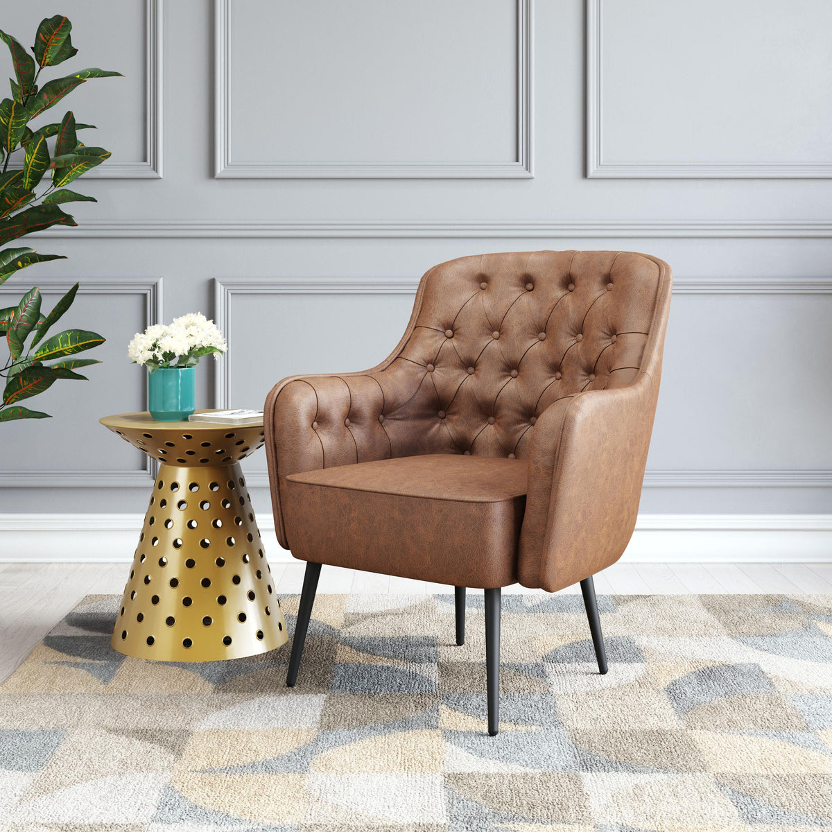 Zuo Modern Tasmania Accent Chair Vintage in Brown/Black, Brown, Accent Chairs, Faux Leather, Plywood, Polyester, Steel, Square, 3 Legs, Indoor