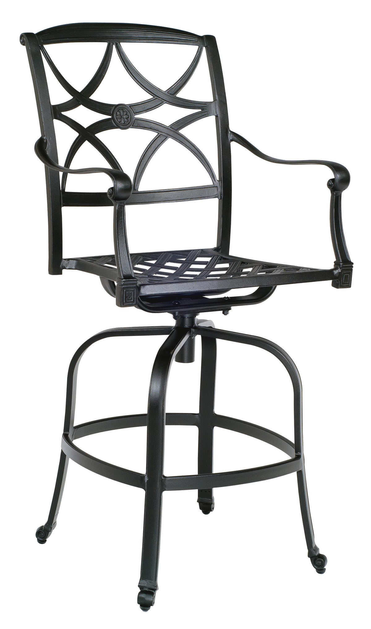 Woodard Wiltshire Swivel Bar Stool with Optional Cushion, Aged Teak, No Cushion, Grade A Fabric, Bar Stools, Aluminum, Curved, 4 Legs, Outdoor