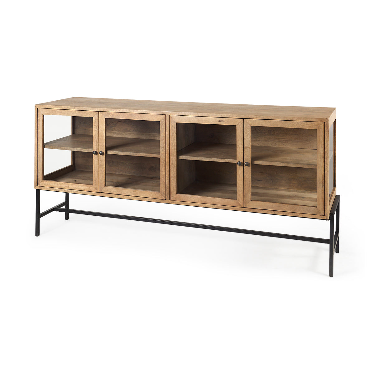 Mercana Arelius Light Brown Wood Black Metal Base with 4 Glass Cabinet Doors Sideboard
