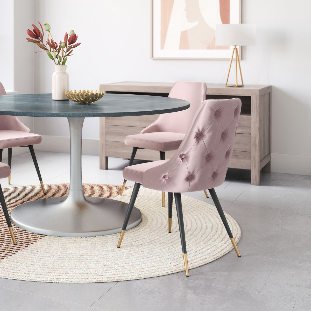 Zuo Modern Piccolo Dining Chair in Pink/Gray/Yellow - Set of 2, Pink, Dining Chairs, Plywood, Polyester, Steel, Rectangular, 4 Legs, Indoor