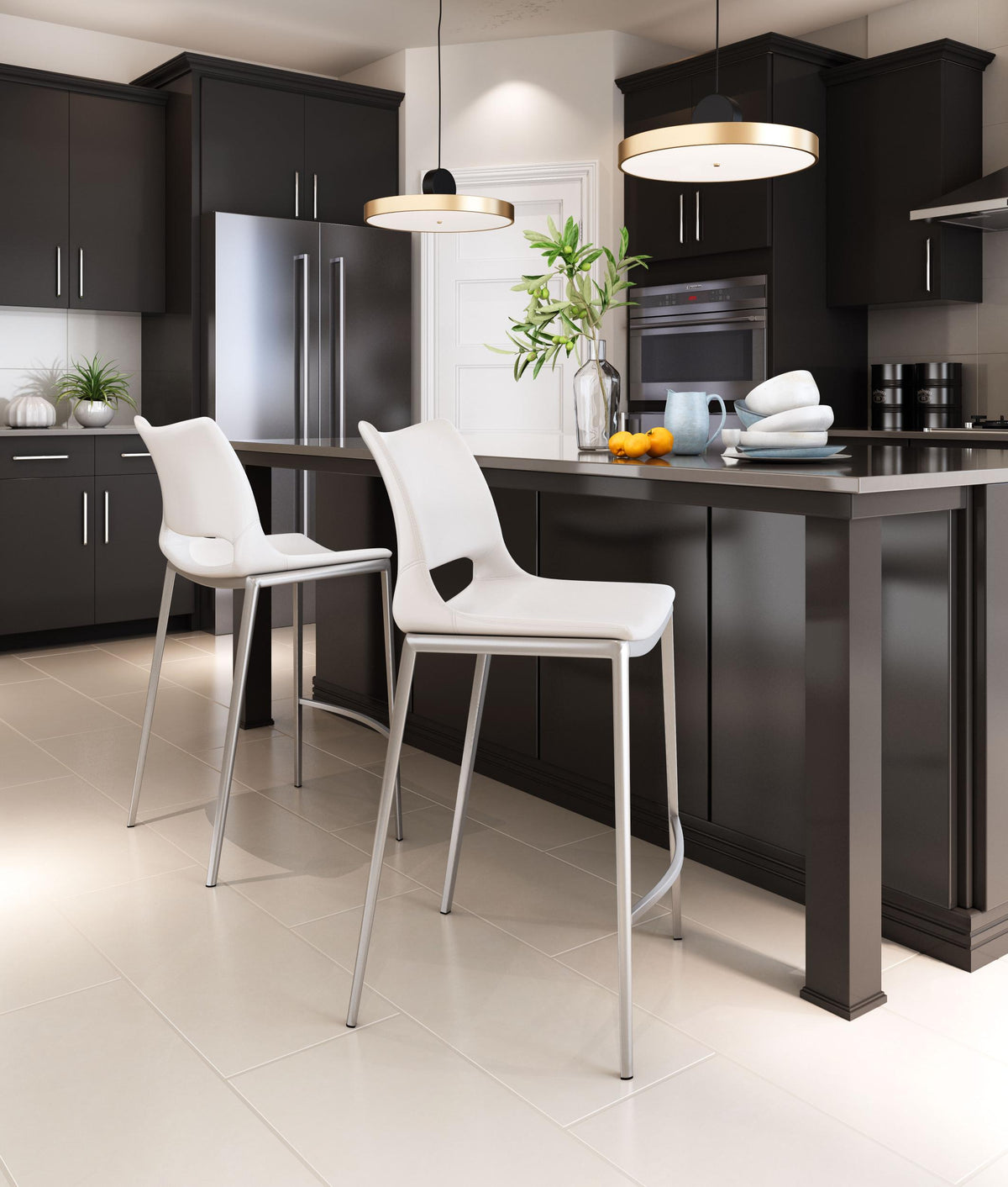 Zuo Modern Ace Counter Stool - Set of 2, White and Silver, Counter Stools, Plywood, Polyurethane, Stainless Steel, Rectangular, 4 Legs, Indoor