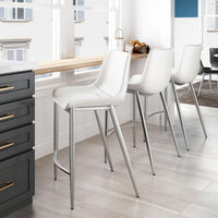 Zuo Modern Magnus Counter Stool - Set of 2, White and Silver, Counter Stools, Plywood, Polyurethane, Stainless Steel, Rectangular, 4 Legs, Indoor