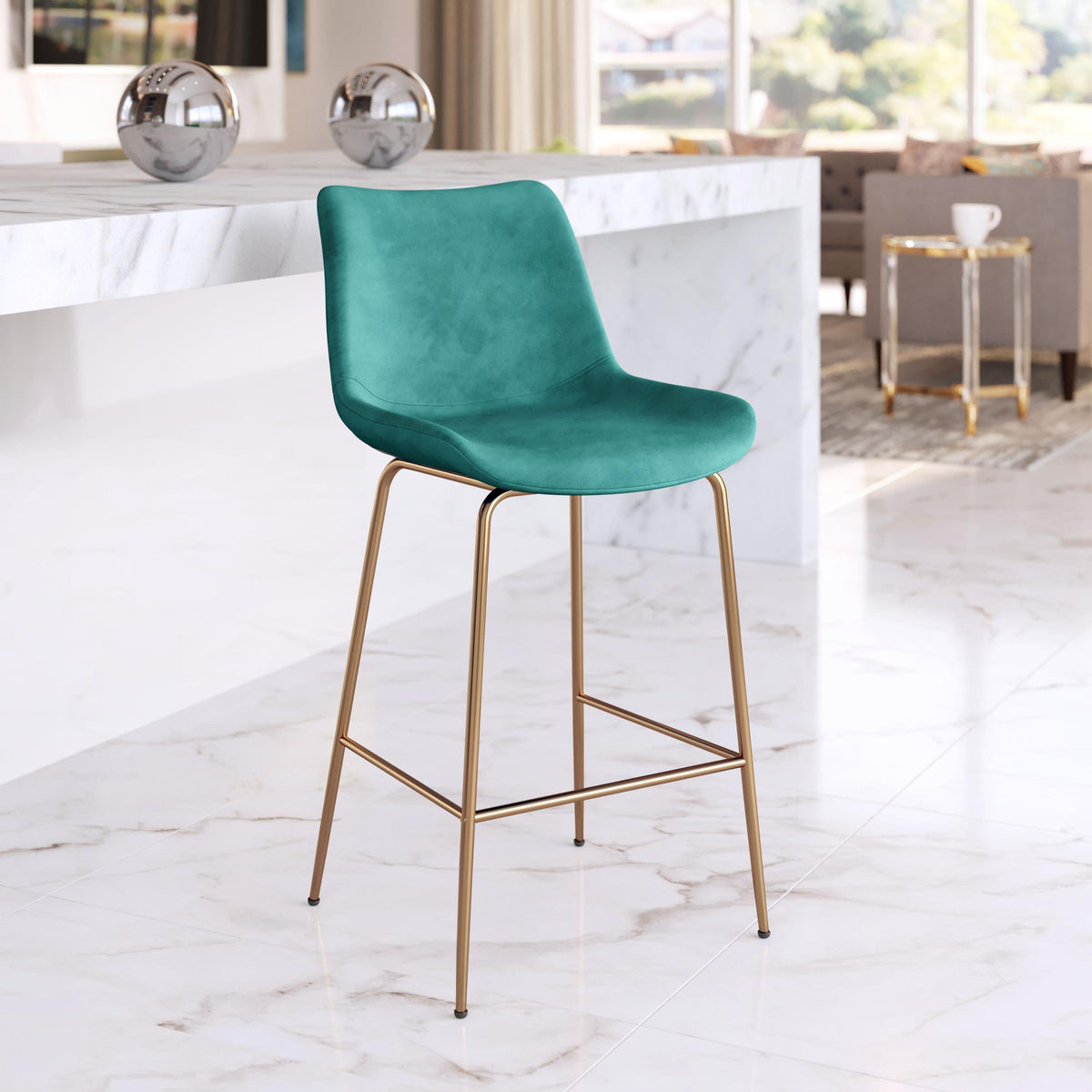 Zuo Modern Tony Counter Stool in Green/Yellow/Red and Gold, Red and Gold, Counter Stools, Plywood, Polyester, Steel, Round, 4 Legs, Indoor