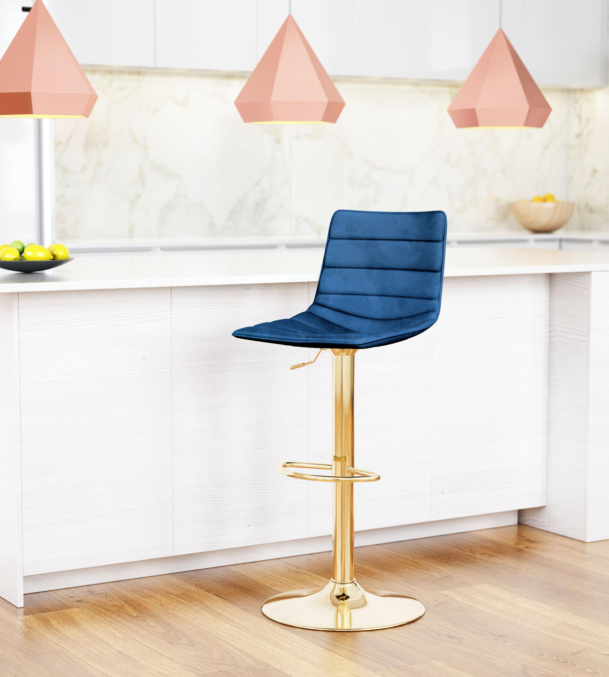 Zuo Modern Prima Barstool Dark Blue and Gold, Bar Stools, Plywood, Polyester, Steel, Round, Frame, Indoor