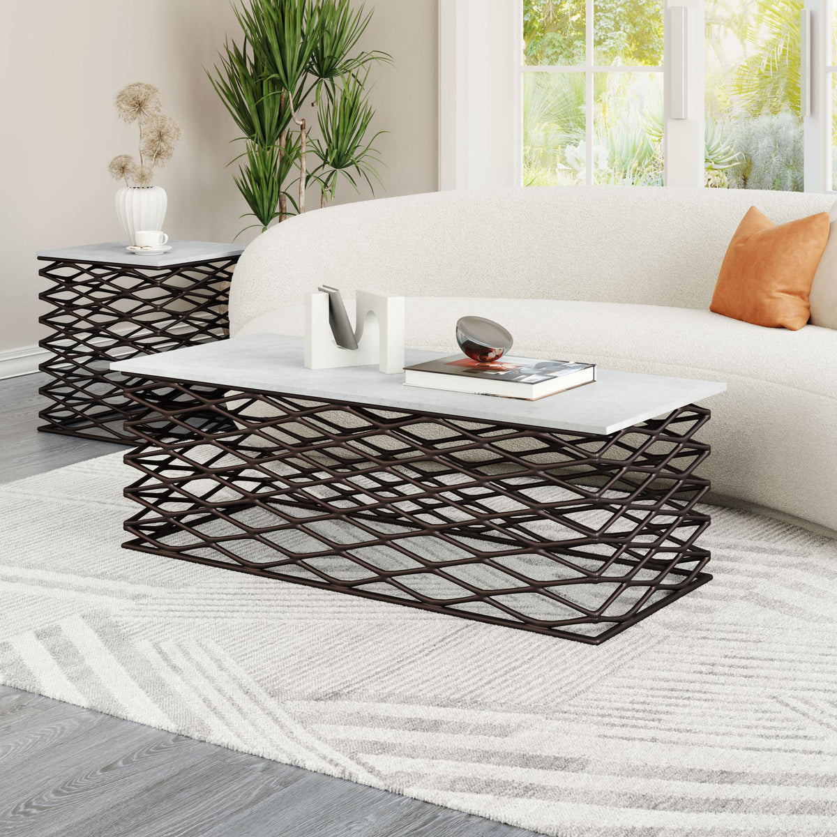 Zuo Modern Duchess Coffee Table White and Antique Bronze, Coffee Tables, Aluminum, Marble, Medium-density fibreboard (MDF), 