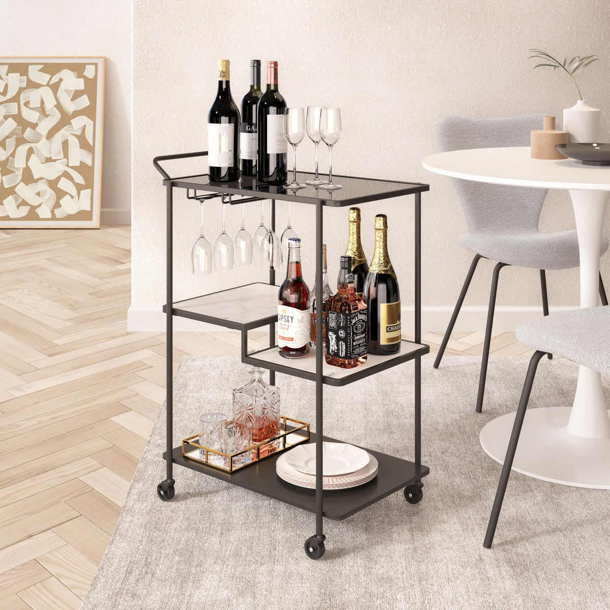 Zuo Modern Constanza Bar Cart in Black, Bar Cart , Glass, Marble, Steel, 