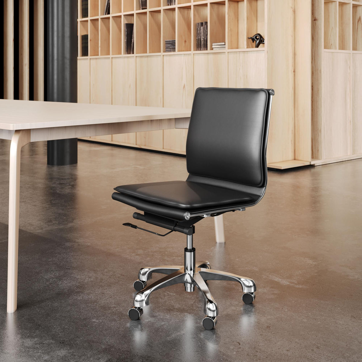 Zuo Modern Lider Plus Armless Office Chair in Black/White/Gray, Black, Office Chairs, Aluminum, Faux Leather, Polyurethane, Steel, Rectangular, 5+ Legs, Indoor