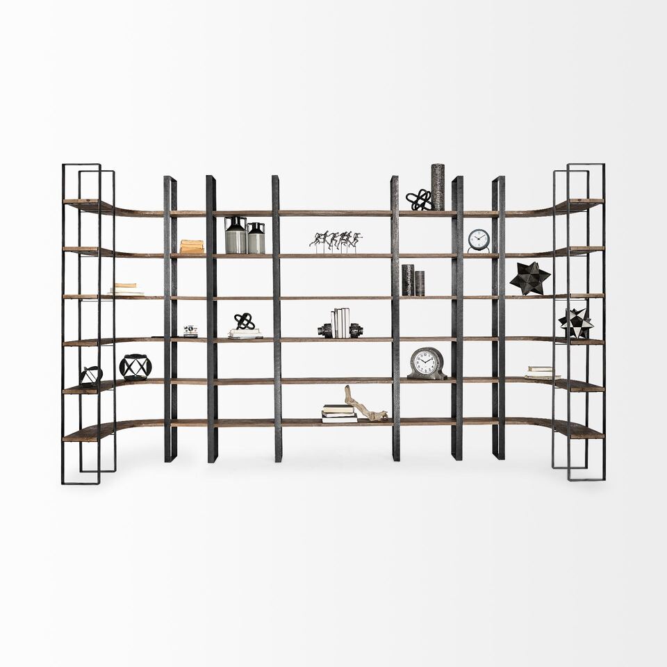 Mercana Taunton II 80L x 10.5W x 90H Dark Brown Wood And Black Iron Six Shelving Unit