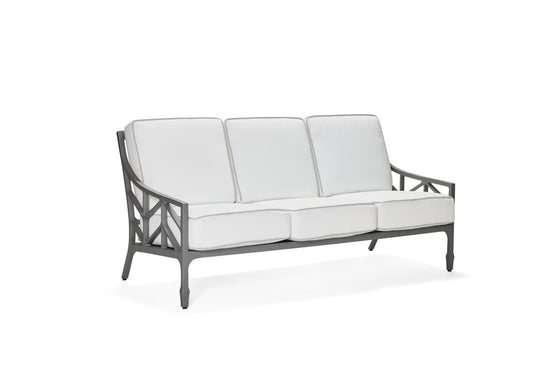 Woodard Alberti Sofa, Aged Teak, With Cushion, Beach Bum Creamsicle (Grade A), Cast Aluminum Patio Furniture, Sofa, Cushion, Alberti, Aluminum, Fabric, Wood, Rectangular, 4 Legs, Outdoor
