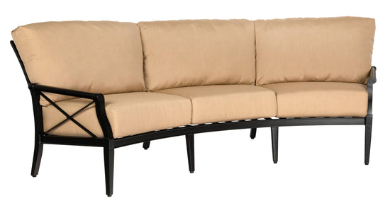 Woodard Andover Crescent Sofa, Aged Teak, With Cushion, Beach Bum Creamsicle (Grade A), Garden Chairs, Sofa, Cushion, Andover, Aluminum, Fabric, Wood, Curved, 5+ Legs, Outdoor