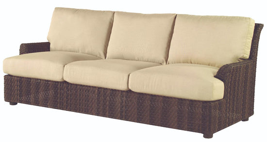 Woodard Aruba Wicker Sofa, Aged Teak, None, Grade A Fabric, Garden Chairs, Sofa, Cushion, Aruba, Aluminum, Fabric, Wicker, Rectangular, 4 Legs, Outdoor