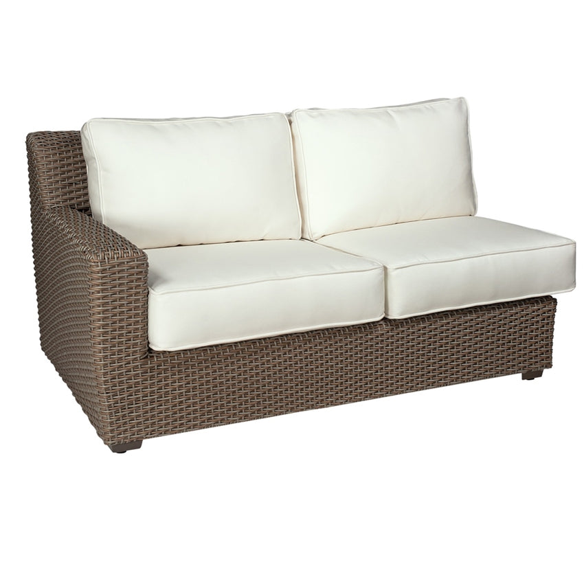 Woodard Augusta Left/Right Arm Wicker Loveseat, Right, With Cushion, Grade A Fabric, Garden Chairs, Side Chairs, Wicker, Augusta, Fabric, Teak, Wicker, Square, 4 Legs, Outdoor