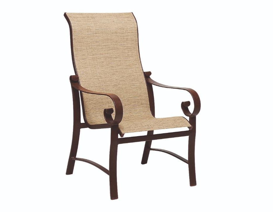 Woodard Belden Sling High Back Dining Arm Chair, Aged Teak, Grade A Fabric, Garden Chairs, Arm Chairs, Sling, Belden, Aluminum, Wood, Square, 4 Legs, Outdoor