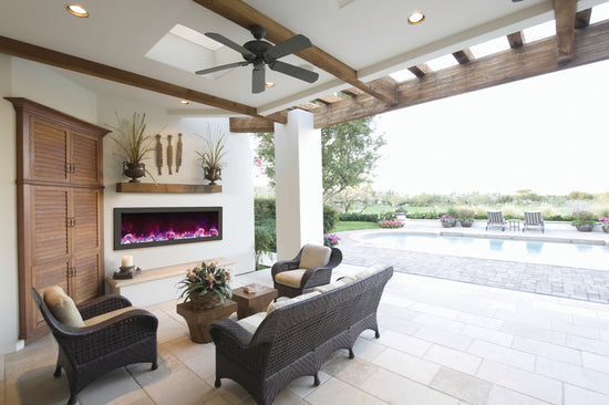 Amantii Panorama Slim Full View Smart Electric  - 50" Indoor /Outdoor WiFi Enabled Fireplace, featuring a MultiFunction Remote, Multi Speed Flame Motor, Glass Media & a Black Trim