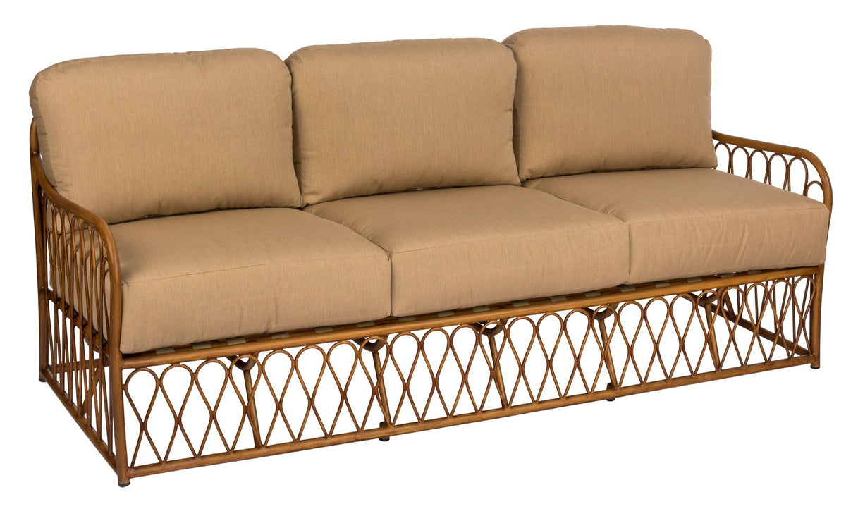 Woodard Cane Sofa, Aged Teak, Beach Bum Creamsicle (Grade A), Grade A Fabric, Garden Chairs, Sofa, Wood, Cane, Wood, Rectangular, 5+ Legs, Outdoor