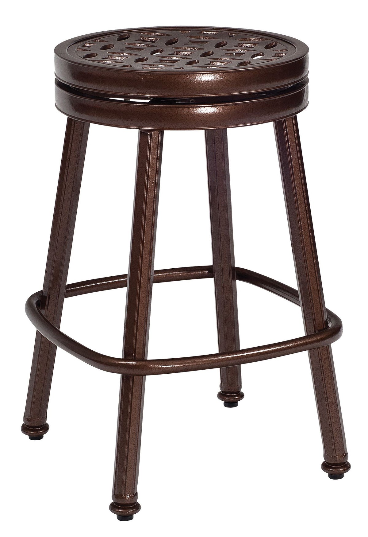 Woodard Casa Round Swivel Counter Stool with Optional Seat Pad, Aged Teak, Beach Bum Creamsicle (Grade A), Grade A Fabric, Counter Stools, Aluminum, Curved, 4 Legs, Outdoor