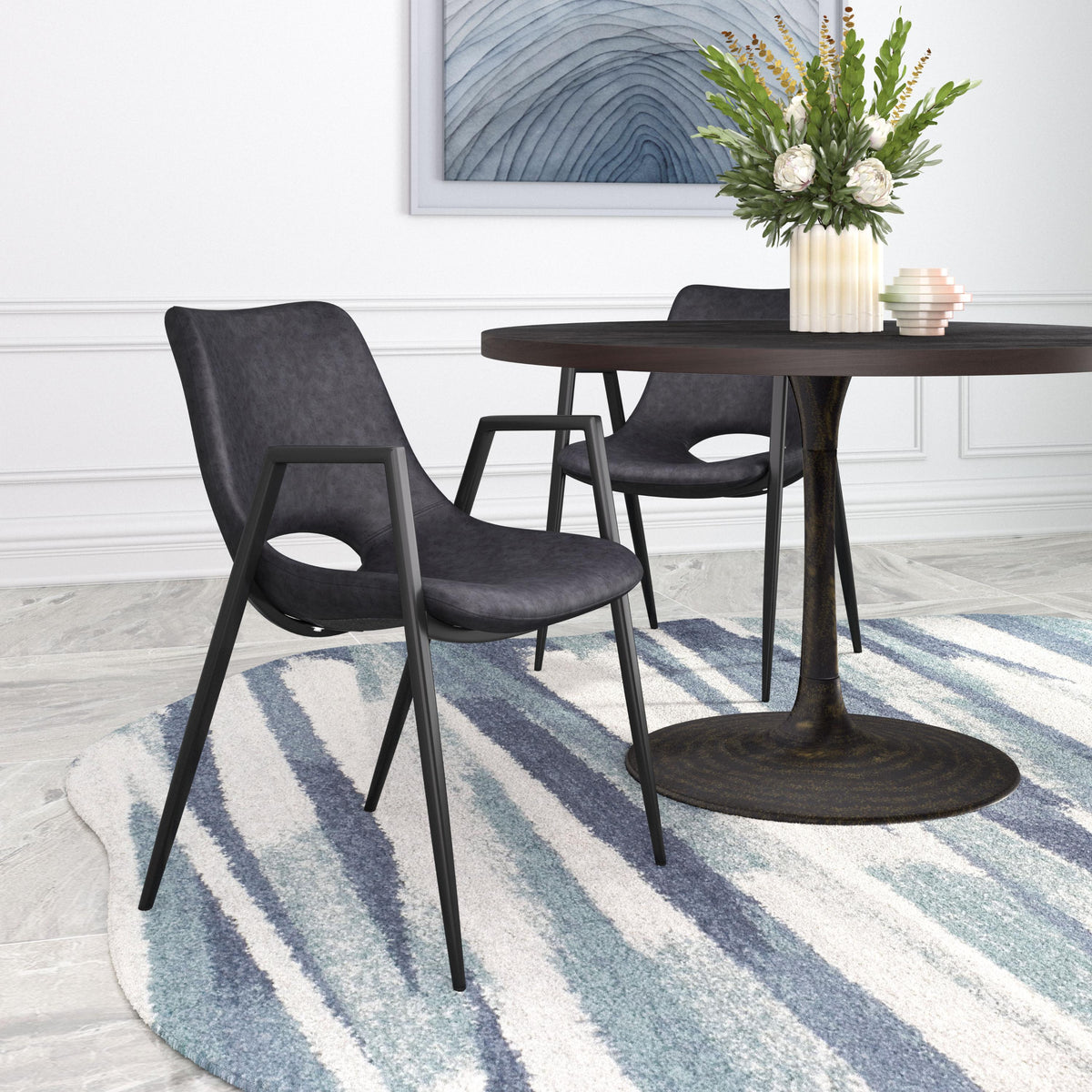 Zuo Modern Desi Dining Chair, Black, Dining Chairs, Faux Leather, Plywood, Polyurethane, Steel, Curved, 4 Legs, Indoor