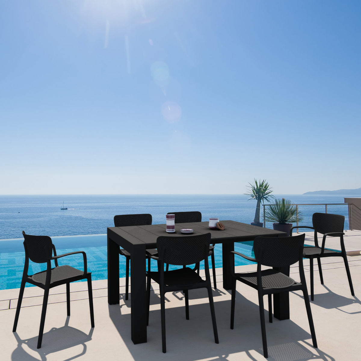 Compamia Loft Outdoor Dining Set with 6 Arm Chairs and 55 inch Extension Table Black/Dark Gray/Taupe/White