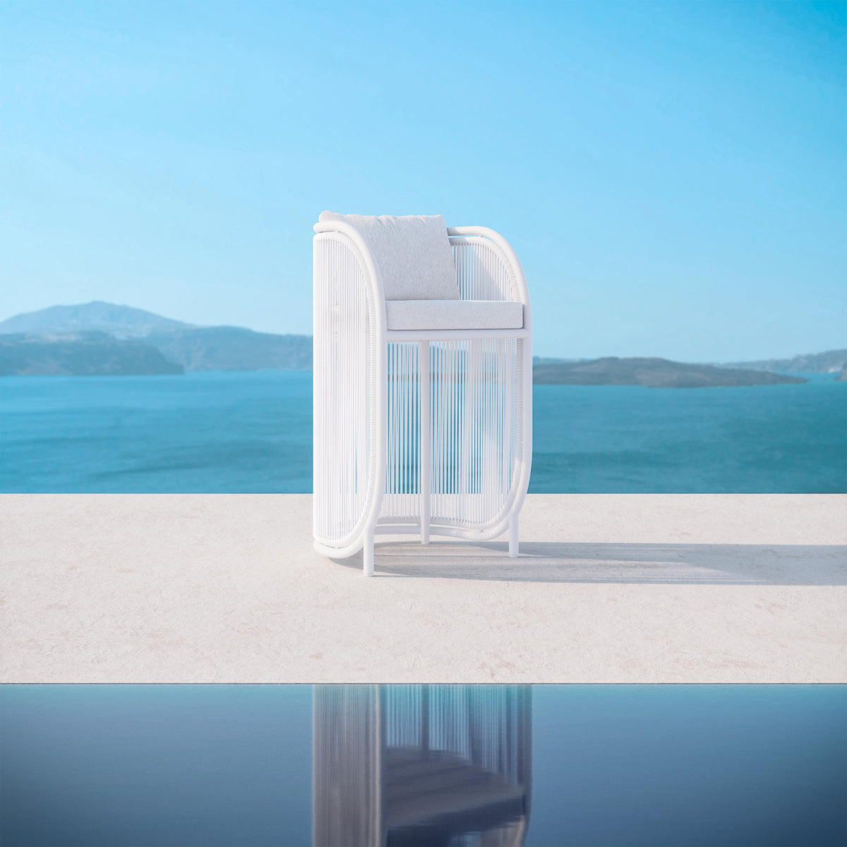 Azzurro Living Kamari Bar Stool With Matte White Aluminum Frame And White Mist All-Weather Texteline Rope