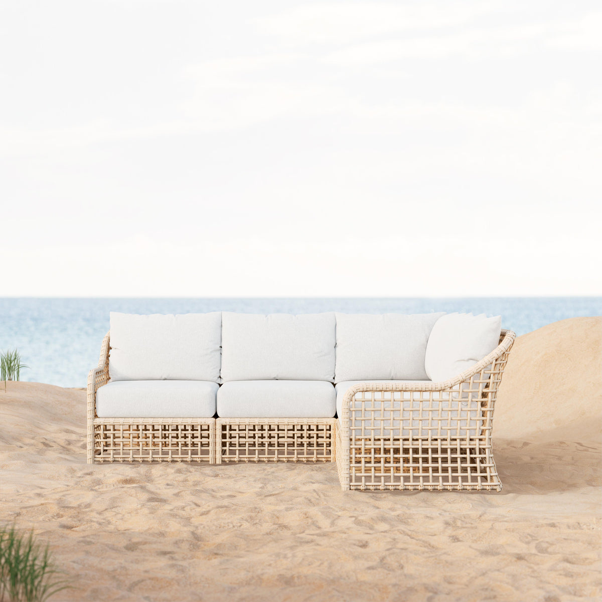 Azzurro Living Kiawah Corner Chair With Natural Aluminum Frame And Almond All-Weather Wicker