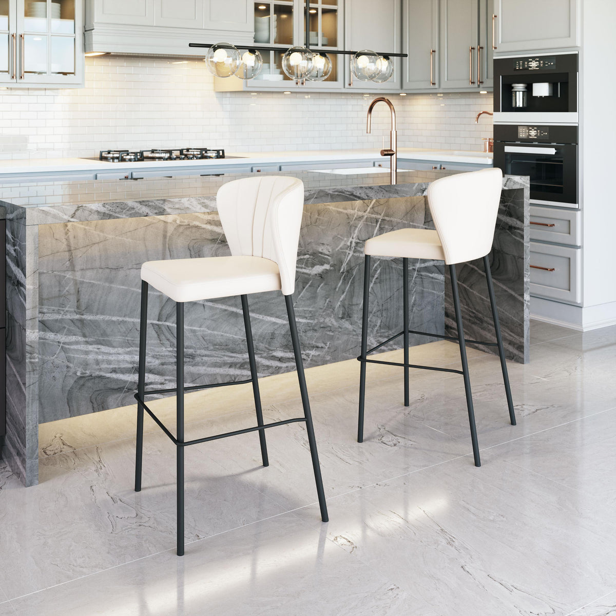 Zuo Modern Linz Barstool in Cream/Gray, Cream, Bar Stools, Faux Leather, Plywood, Polyurethane, Steel, Square, 4 Legs, Indoor