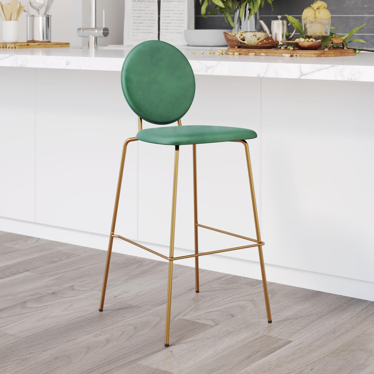 Zuo Modern Odessa Barstool in Green & Gold, Bar Stools, Steel, Curved, 4 Legs, Indoor