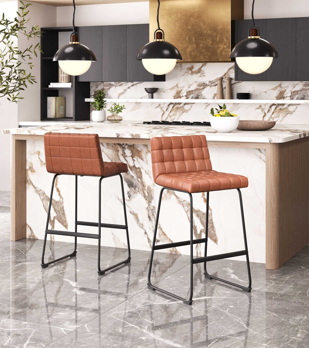Modern kitchen with marble island, stools, and decorative elements.