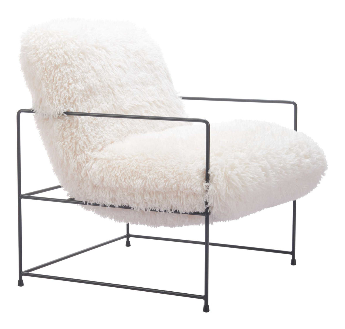 Zuo Modern Pelut Accent Chair White, Accent Chairs, Faux Fur, Plywood, Polyester, Steel, Square, 4 Legs, Indoor