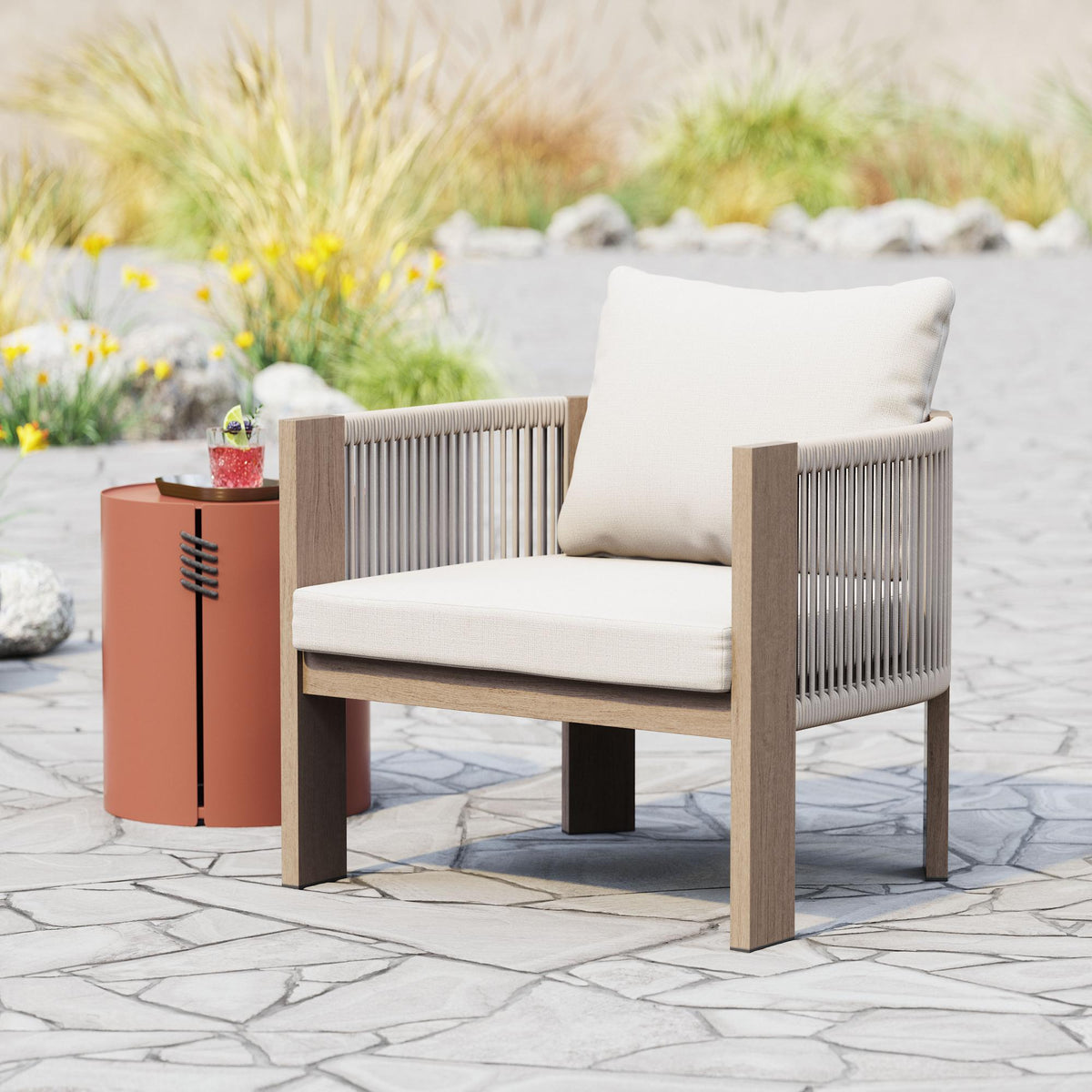 Zuo Modern Rebel Accent Chair in Beige, Accent Chairs, Fabric, Olefin, Polyester, powder-coated Aluminum, Square, 4 Legs, Outdoor