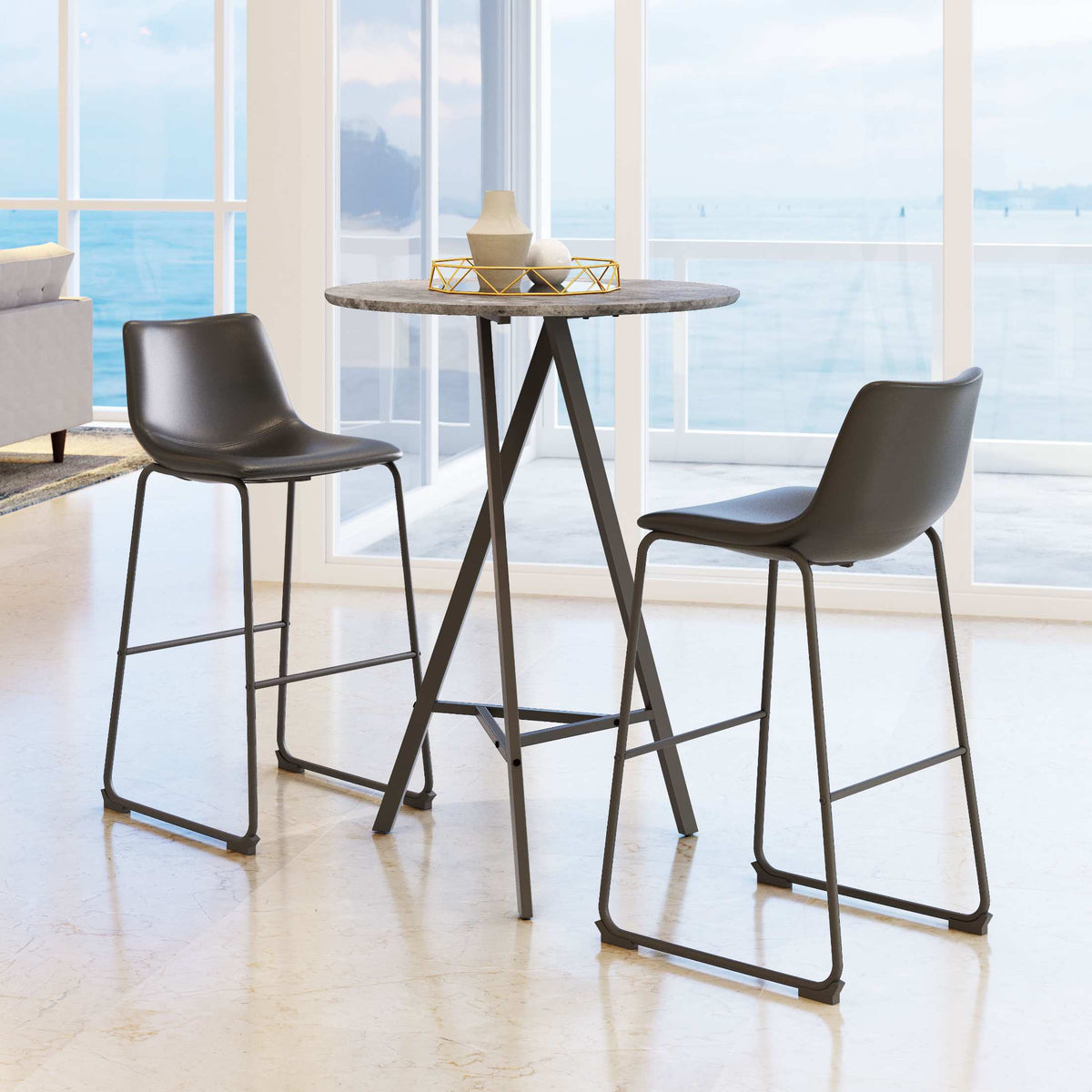 Zuo Modern Smart Barstool in Black/Charcoal/Vintage Espresso, Black, Bar Stools, Faux Leather, Plywood, Polyurethane, Steel, Square, Cross Legs, Indoor