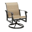 Woodard Cortland Sling Swivel Rocking Dining Arm Chair, Aged Teak, Augustine Alloy (Grade A), Grade A Fabric, Rockers, Aluminum, Rectangular, Rocking Chair Legs, Outdoor