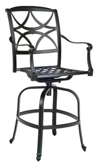Woodard Wiltshire Swivel Bar Stool with Optional Cushion, Aged Teak, No Cushion, Grade A Fabric, Bar Stools, Aluminum, Curved, 4 Legs, Outdoor
